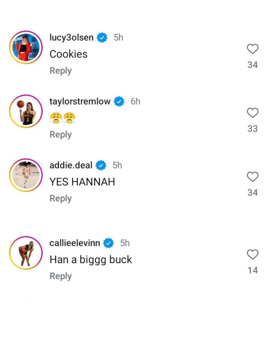 Lucy Olsen, Taylor Stremlow, Callie Levin, and Addie Deal hype up Iowa star Hannah Stuelke's sleek moves at the FIBA AmeriCup. (Images via Instagram @americupw)